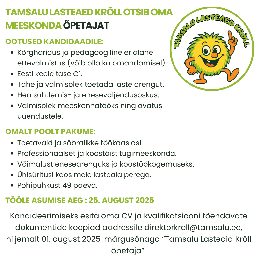 Tamsalu lasteaed Krõll otsib oma meeskonda õpetajat