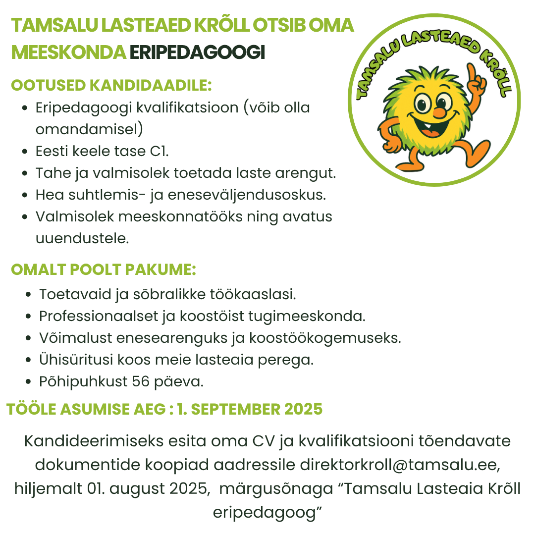 Tamsalu lasteaed Krõll otsib oma meeskonda eripedagoogi